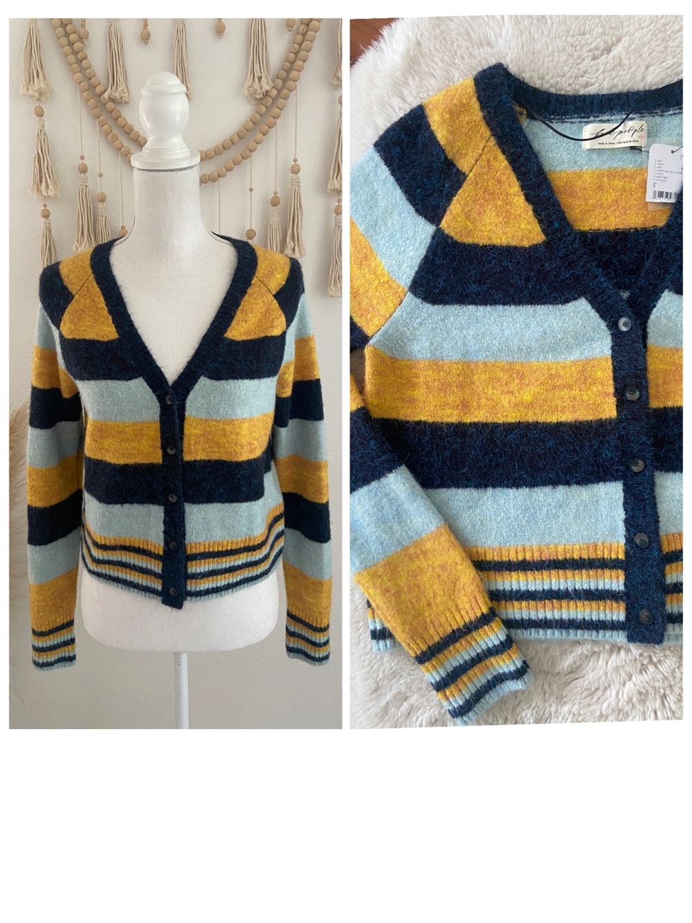 Free People striped cardigan sweater fitted moon & sun combo navy yellow NWT S